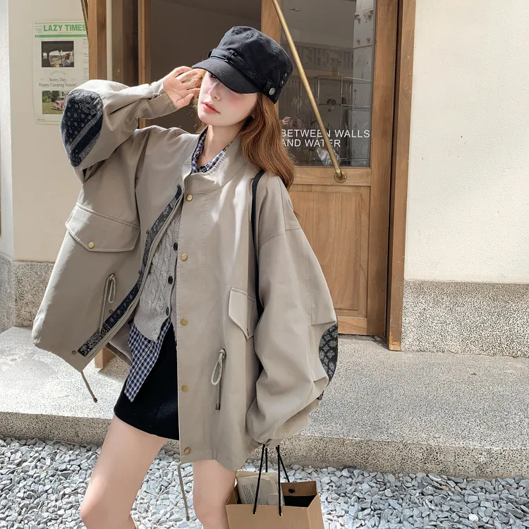 韩版工装风立领短外套女秋季宽松百搭复古拼接夹克设计感小众时尚