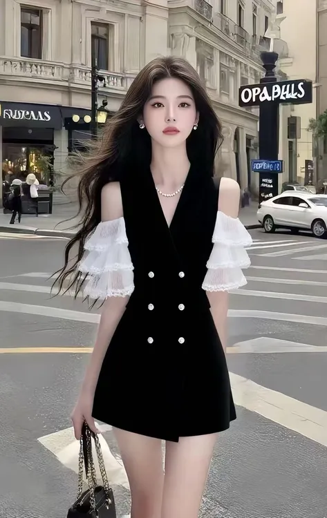 新款时尚黑色V领短袖露肩设计收腰连衣裙女温柔知性风氛围感穿搭