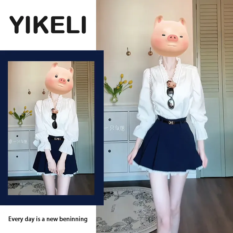 2025早春新款学院风喇叭袖衬衫裙子女春夏韩系蕾丝花边半身裙套装