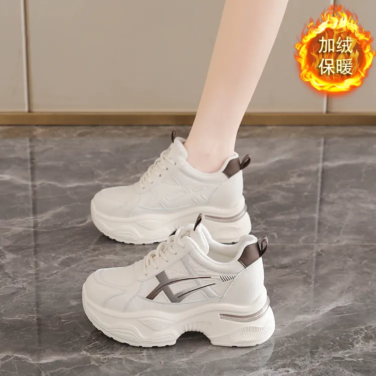 白色加绒增高8公分老爹鞋内增高运动鞋网红秋冬百搭厚底小白鞋