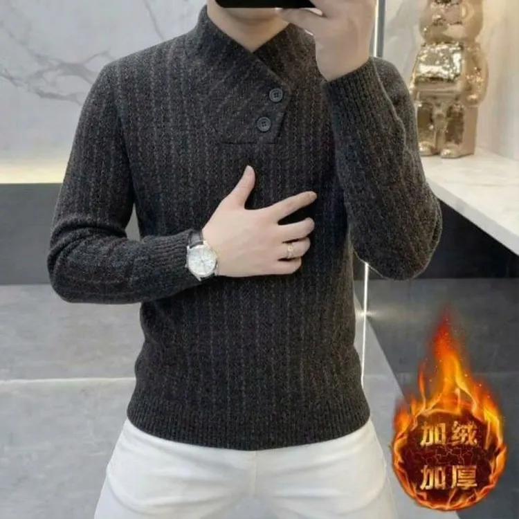 欧货轻奢高品质秋冬长袖毛衣条纹男士休闲打底衫加绒加厚保暖7873