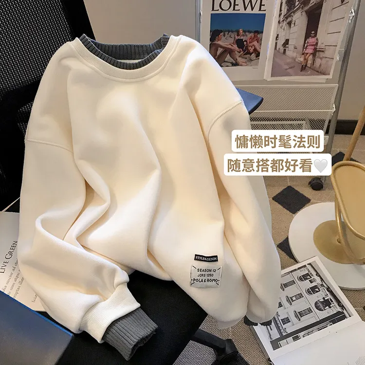 早春新款女式卫衣加绒圆领卫衣女款厚假两件长袖气质宽松大码女装