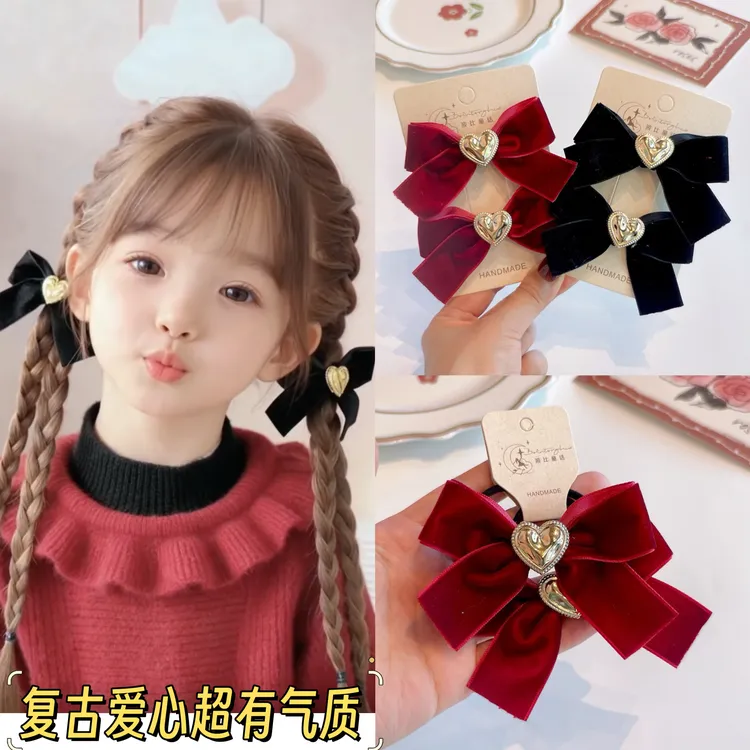 秋冬新款酒红植绒蝴蝶结复古爱心儿童发圈气质女童对夹黑色发饰