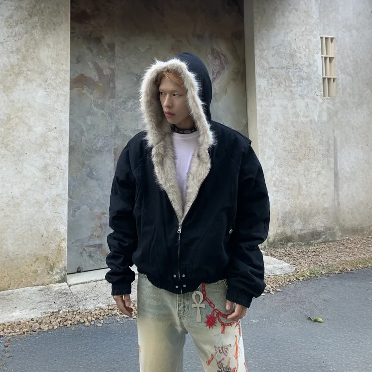 冬季短款座山雕毛领连帽棉服外套男女cleanfit加厚棉衣潮秋冬保暖