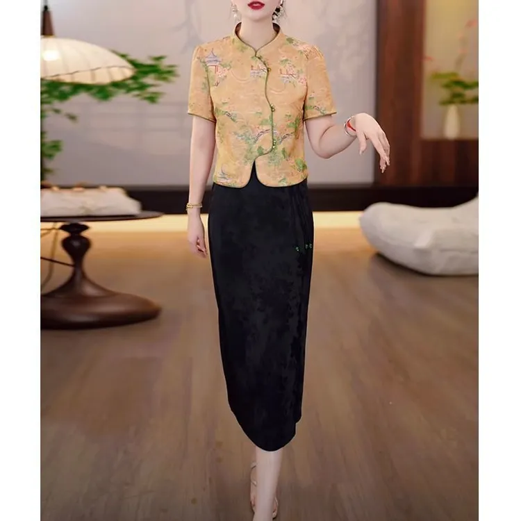 高级织锦提花缎国风盘扣套装礼服裙2025夏季新款修身显瘦俩件套女