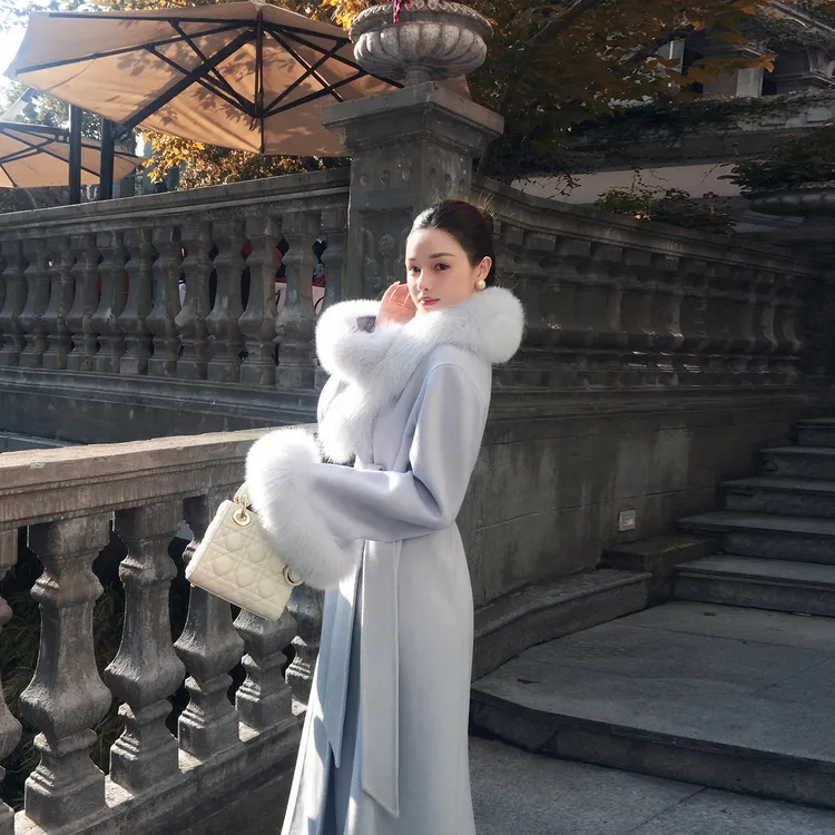 狐狸毛大毛领双面羊绒大衣女高级感韩版新款轻奢宽松气质毛呢外套