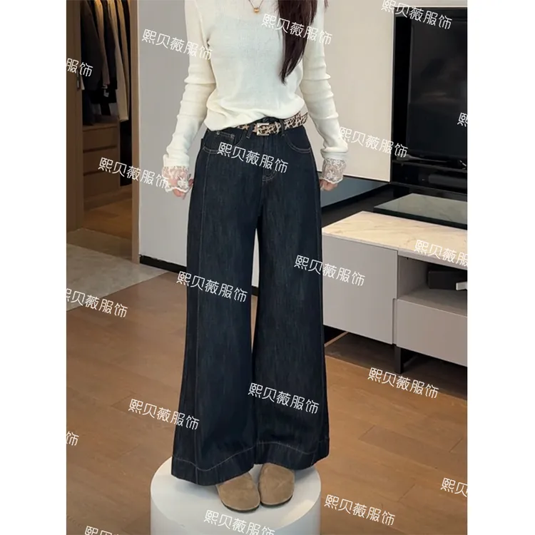 熙贝薇6 欧货莱赛尔棉冬季新款加绒配豹纹腰带阔腿牛仔裤 G5625