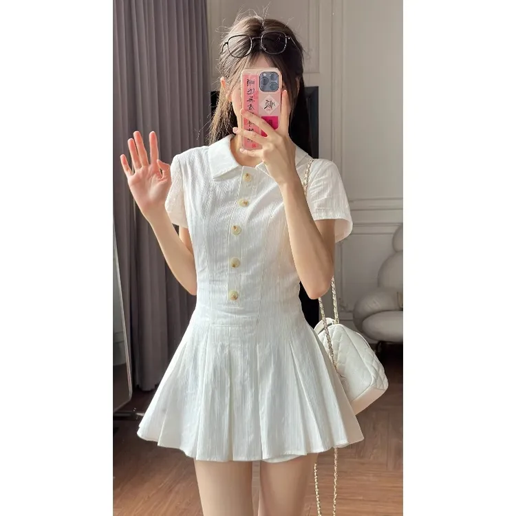 学院风竖纹肌理感衬衫连衣裙女夏季新款韩系少女收腰显瘦百褶裙子