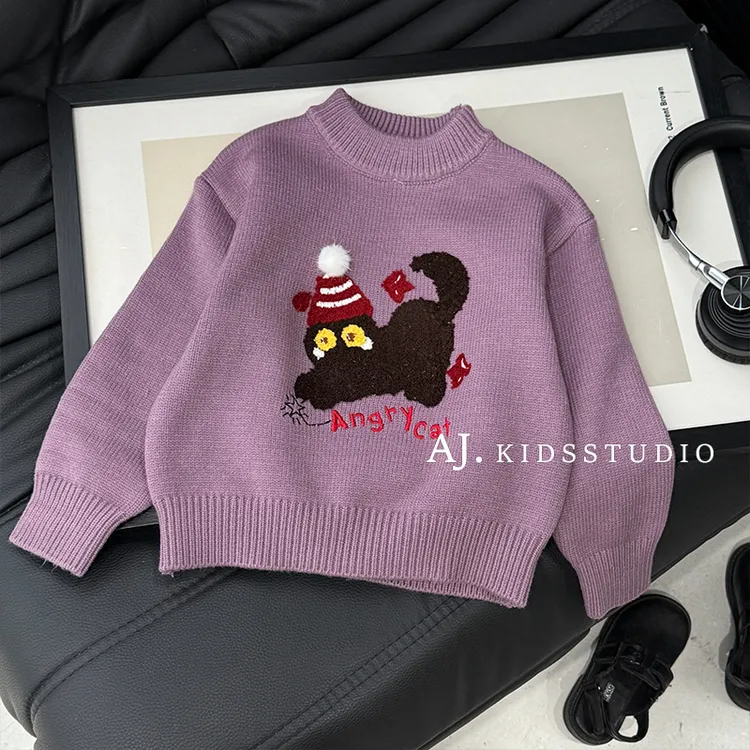 现【圣诞喵】阿卷冬款男女童可爱猫咪套头加厚保暖针织毛衣MPG7445