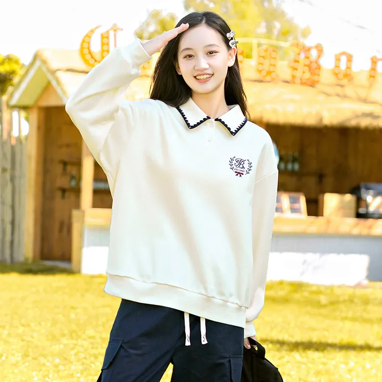 初中学生长袖女孩T恤秋季polo领高中生少女大童休闲时尚上衣宽松