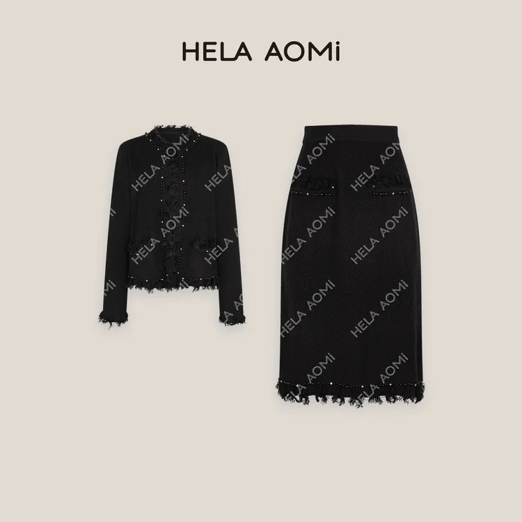 HELA AOMI“原单套装”绵羊毛钉珠流苏边爆款小香风套装外套/半裙