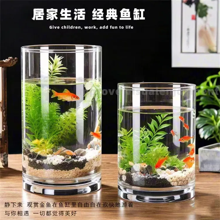圆柱桌面鱼缸加厚落地龟背富贵竹花瓶醒花筒透明玻璃水培生态鱼缸