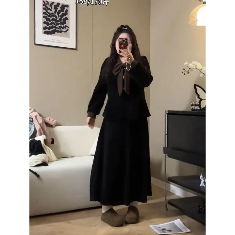 胖mm大码秋冬千金风穿搭套装高级上半身裙中长款遮肉女两件套ins