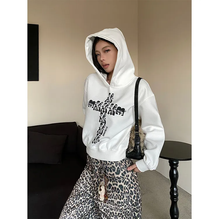 NOWANDHERE美式辣妹短款十字架印花连帽卫衣女秋季百搭白色上衣