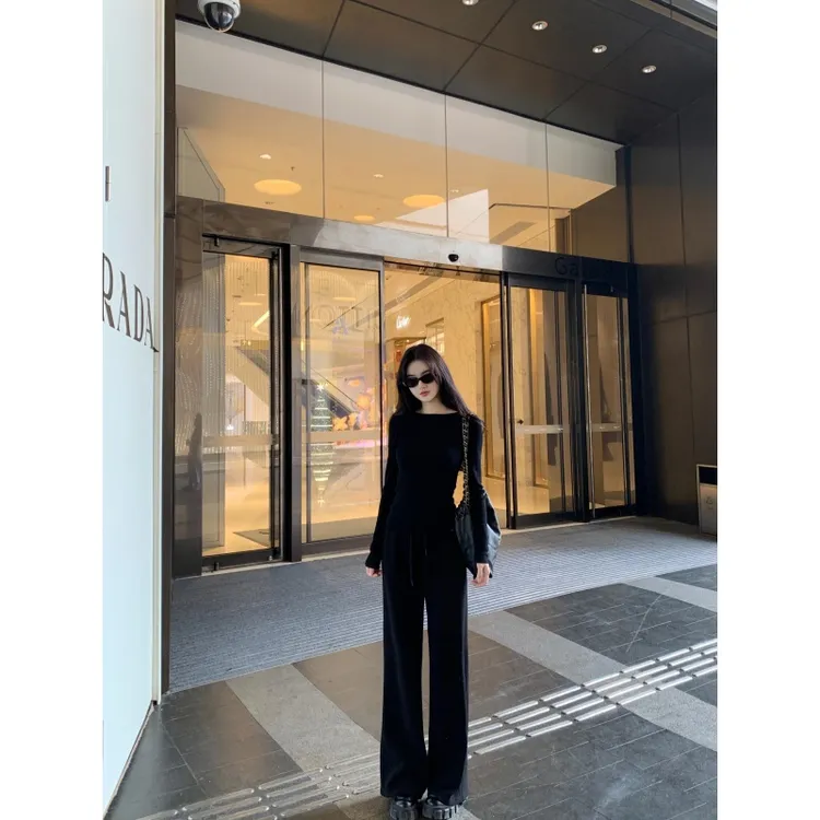 韩系简约穿搭一整套秋冬松弛感修身百搭长袖上衣高腰垂感阔腿长裤