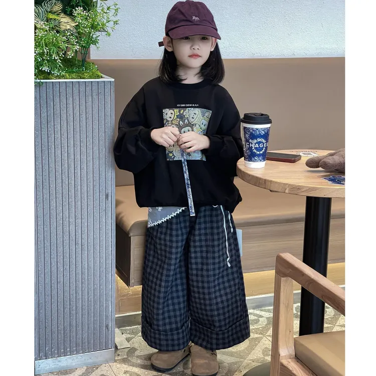 甜小七2025秋季新款韩版女童套装休闲宽松圆领套头卫衣格子阔腿裤