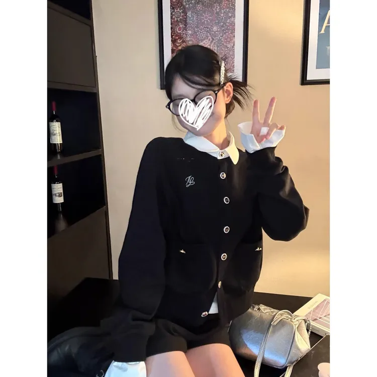 【零零精选】学院风法式撞色假两件开衫上衣女秋季新款设计感小众拼色气质外套
