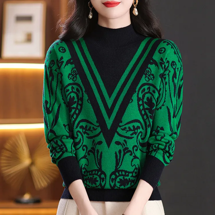 秋冬外穿羊毛衫印花设计感拼色半高领毛衣妈妈针织打底衫上衣女装