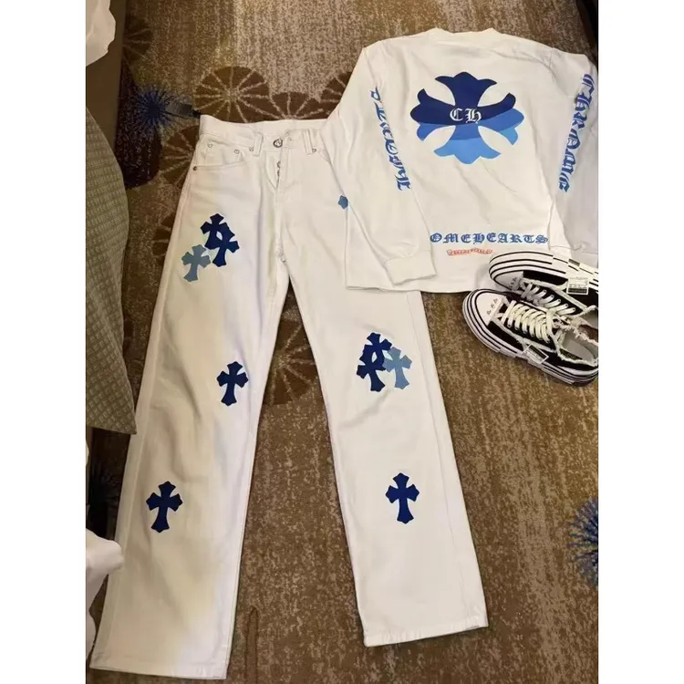 美式克罗心十字架白色牛仔裤男款春秋潮牌vibe裤子高腰显瘦直筒裤