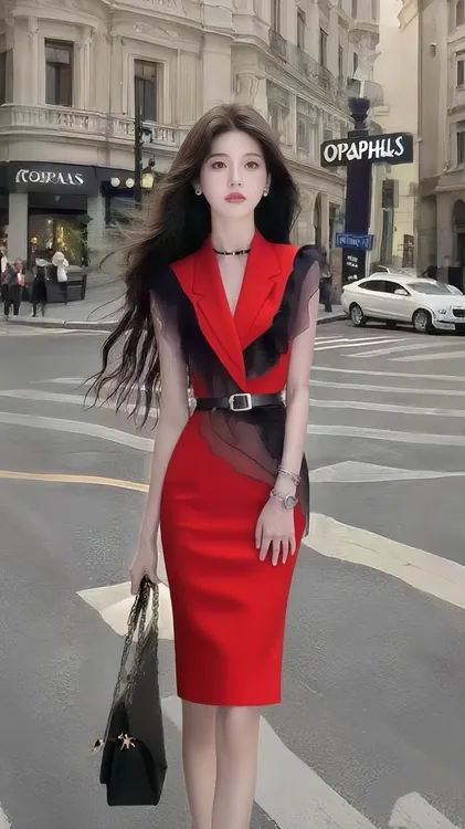 夏季新款别致设计感红色V领收腰系带连衣裙气质显瘦氛围感中长裙