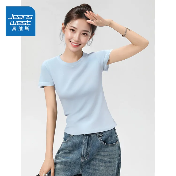 真维斯蓝色短袖T恤女夏2025新款合身正肩显瘦小个子甜辣学生上衣