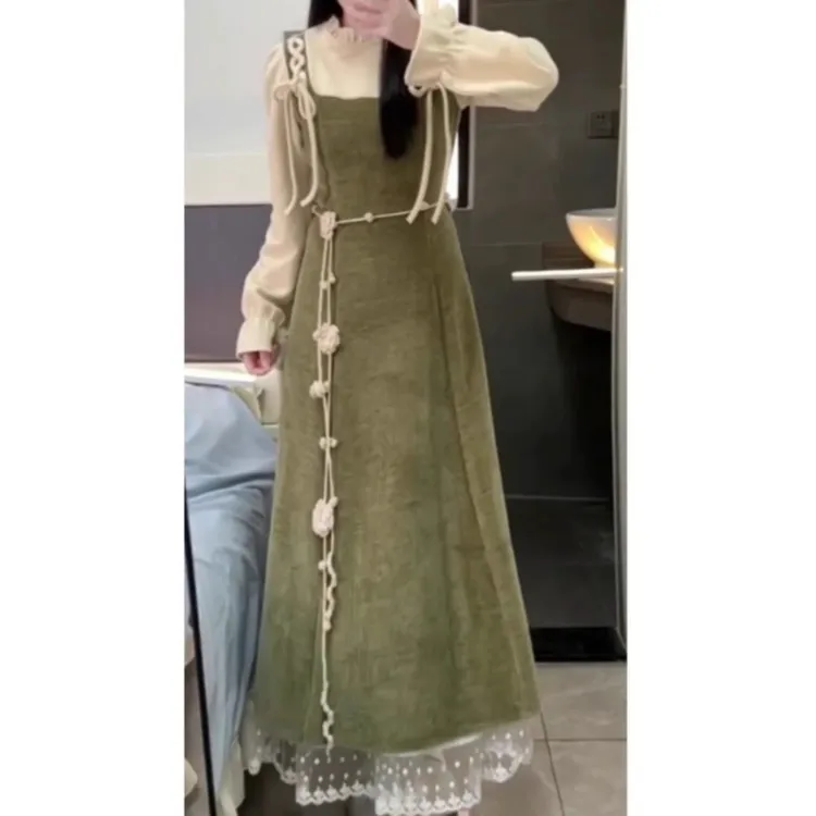 韩系穿搭森系复古法式长袖连衣裙春秋新款宽松显瘦拼接假两件长裙