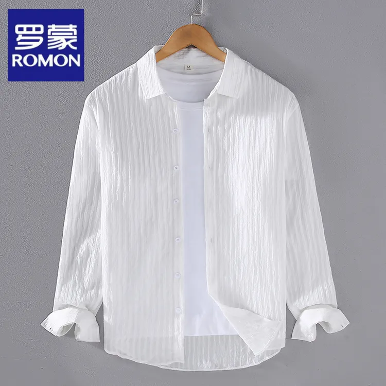 罗蒙2025新款清新基础文艺纯色休闲长袖衬衫人造棉质薄款百搭衬衣