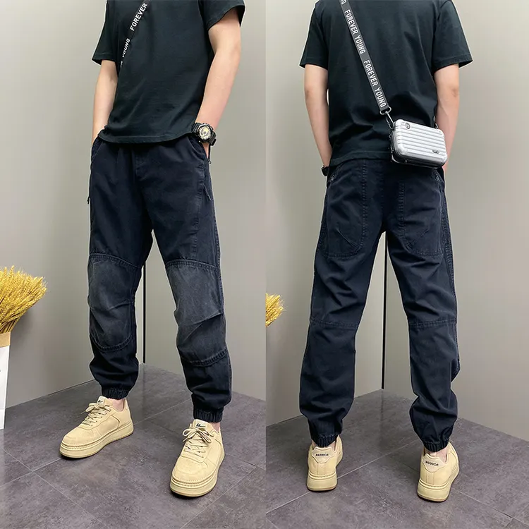 立体剪裁拼接设计工装裤男秋季水洗布宽松百搭拉链口袋束脚休闲裤
