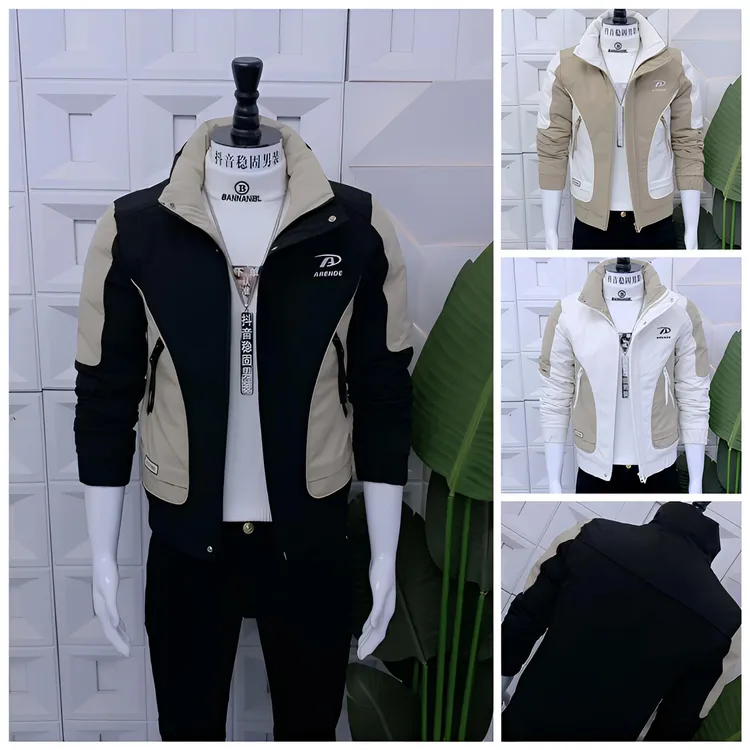 男士冬季新款拼色棉服外套时尚潮流男装修身休闲韩版立领棉衣