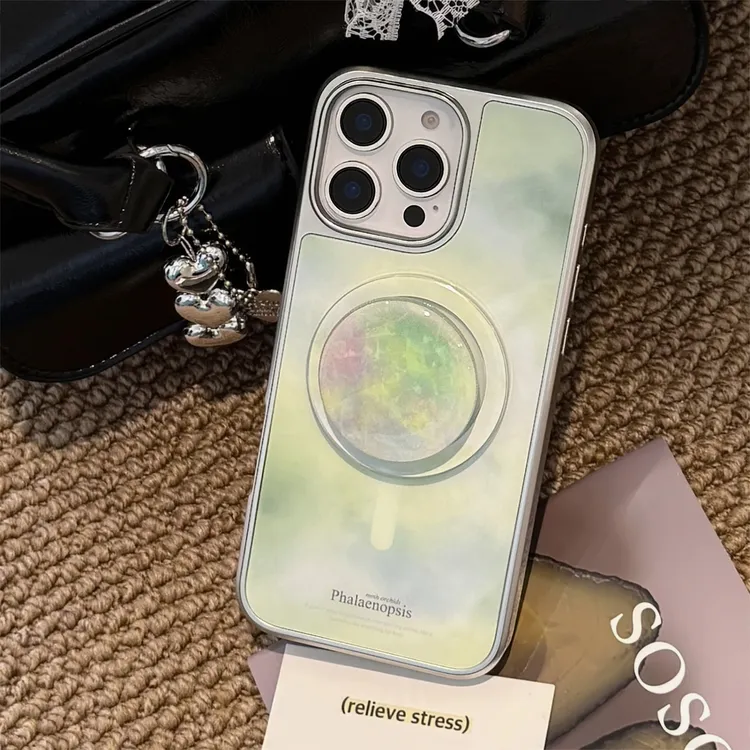 绿理石晕染粉绿纹磁吸支架苹果磁吸全包手机壳适用iPhone16promax