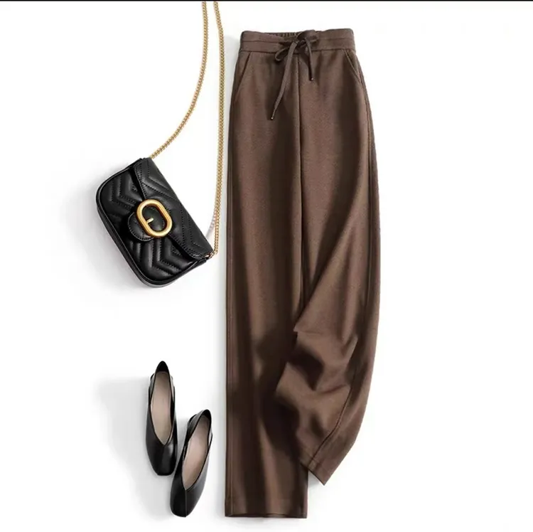 秋冬新款高腰羊绒人字纹窄版显瘦阔腿休闲直筒裤8868款