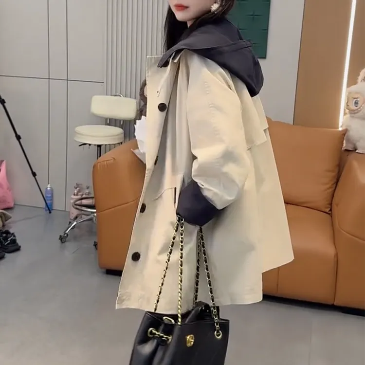 现货中长款风衣外套女小个子微胖连帽宽松休闲百搭撞色显瘦上衣潮