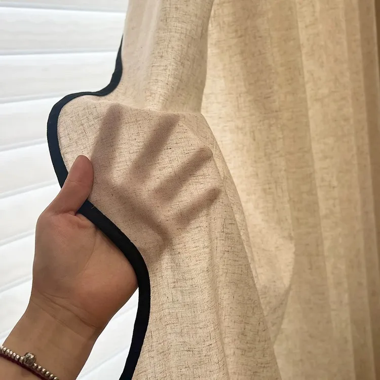 波浪黑边麻料窗帘复古中古原木日式侘寂风透光不透人客厅阳台茶室