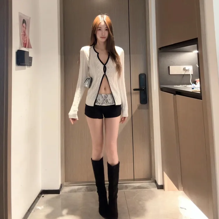 纯欲风设计感镂空撞色针织开衫女早秋季穿搭气质修身外搭长袖上衣