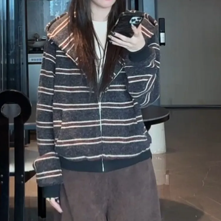韩系宽松慵懒休闲条纹针织连帽卫衣女长袖百搭外套上衣LK2506681