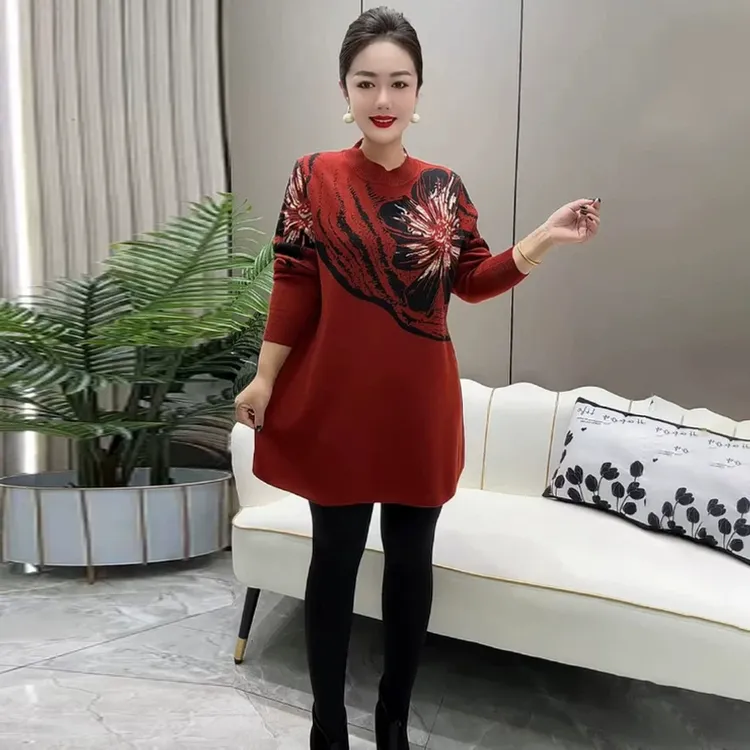 7080中年妈妈装时尚洋气花朵针织大版衫宽松遮肚中长款打底毛衣裙