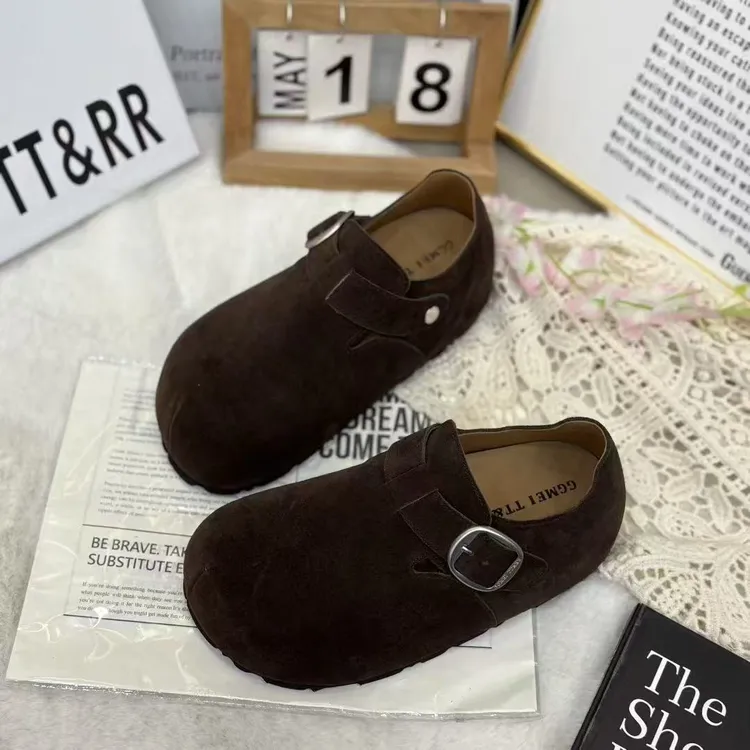 2026春季磨砂皮勃肯鞋女内增高软底厚底休闲鞋复古圆头一字扣单鞋