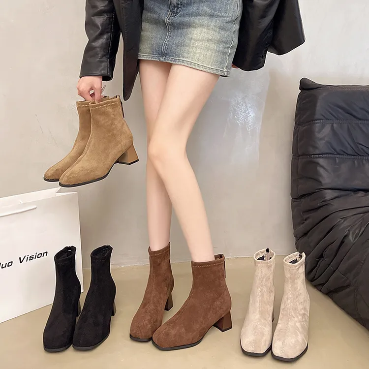 短筒骑士靴时尚秋冬单靴方头弹力薄款女粗跟马丁靴