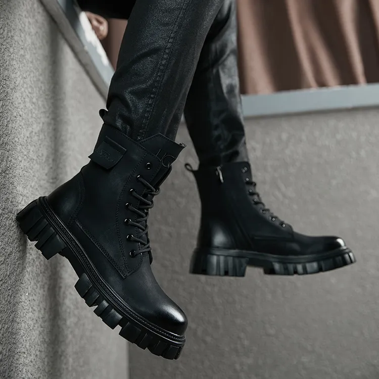 男士真皮休闲马丁靴英伦风高帮工装靴冬季加绒内增高雪地靴皮靴子