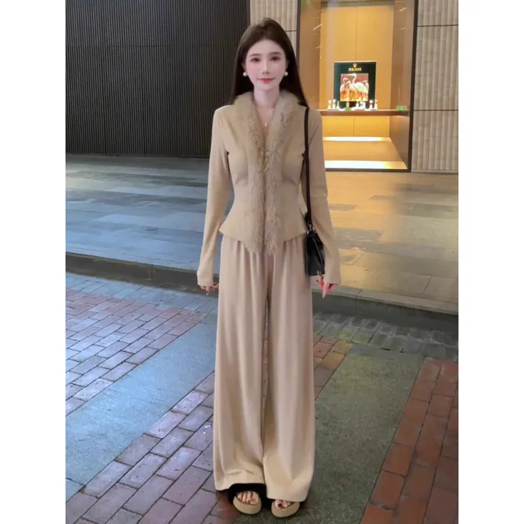 法式精致感女神范气质毛毛修身洋气+高腰显瘦直筒长裤两件套女冬