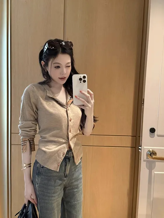 bbr中古格纹拼接袖口秋季季温柔调针织衫毛衣开衫外套