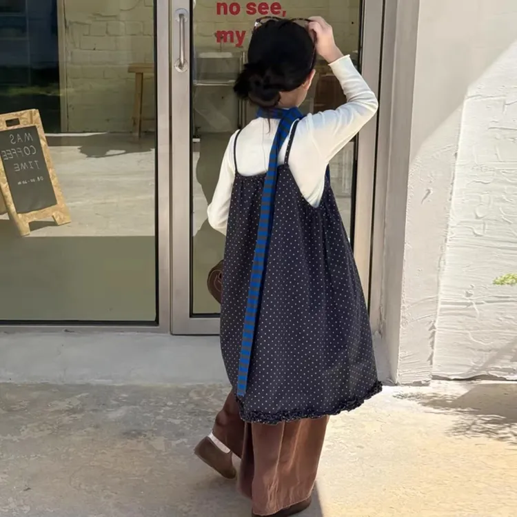 童装女童套装秋装2025新款儿童洋气打底衫波点吊带裙棕色半裙