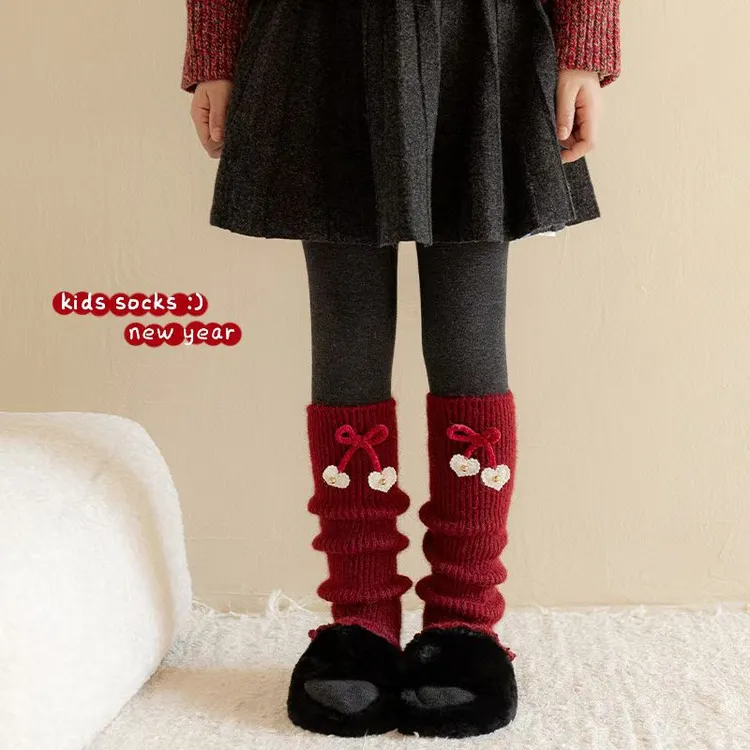 儿童袜套秋冬加厚羊绒女童新年红色堆堆袜韩版洋气女宝保暖小腿套