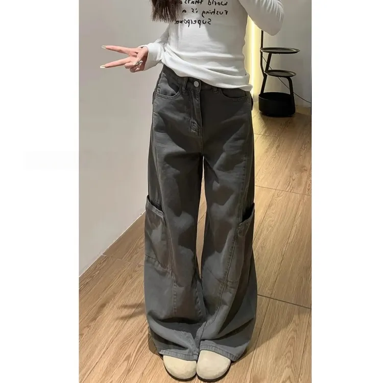 美式复古灰色阔腿工装牛仔裤女秋季新款高腰宽松显瘦直筒拖地长裤