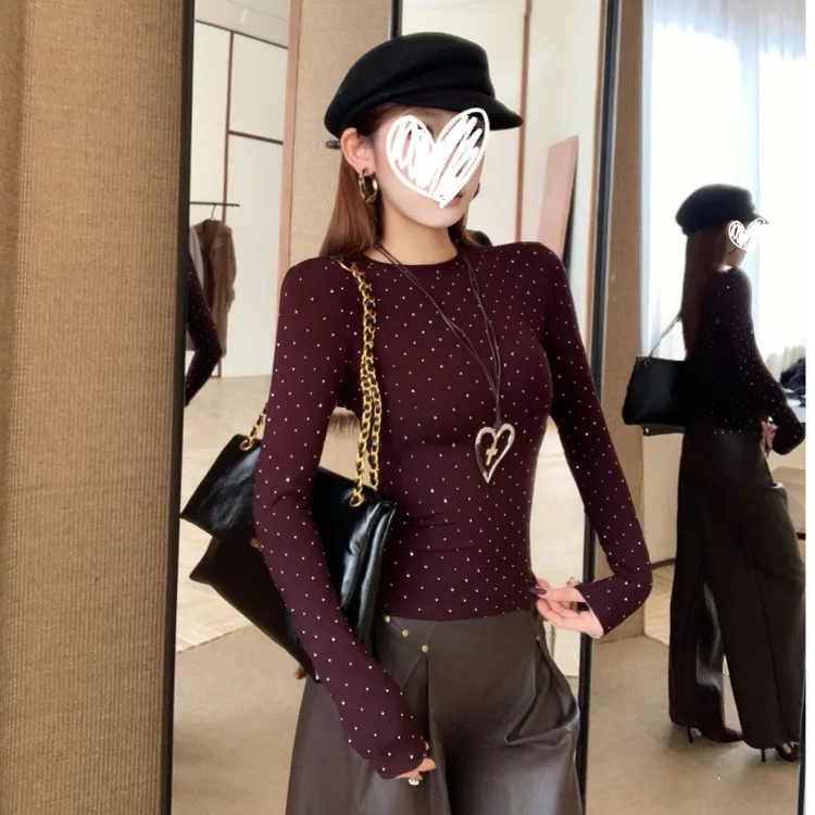 2025年冬季新款重工烫钻不易掉正肩圆领长袖修身显瘦打底衫女上衣