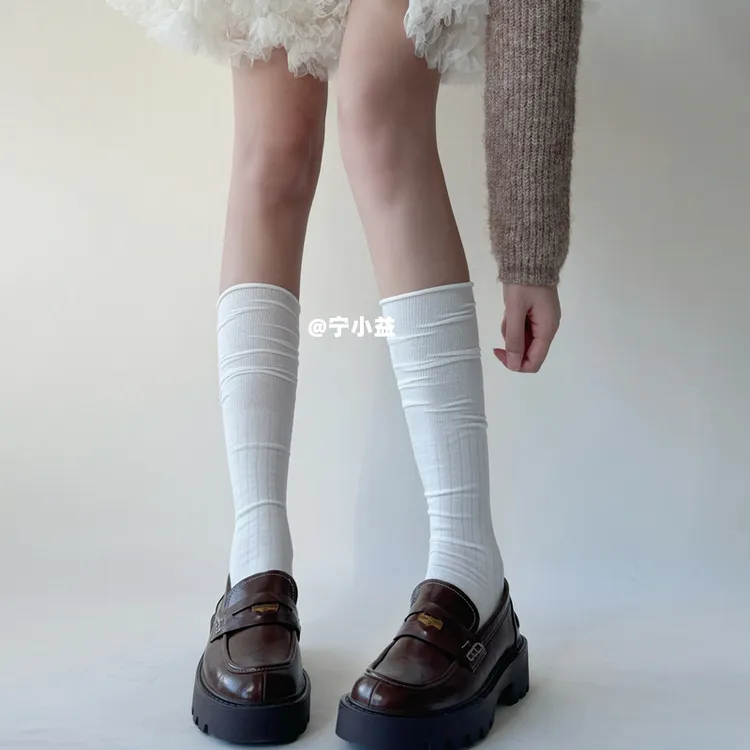 宁小益 miu系卷边小腿袜子女春秋薄款竖条纹显瘦芭蕾风中筒堆堆袜