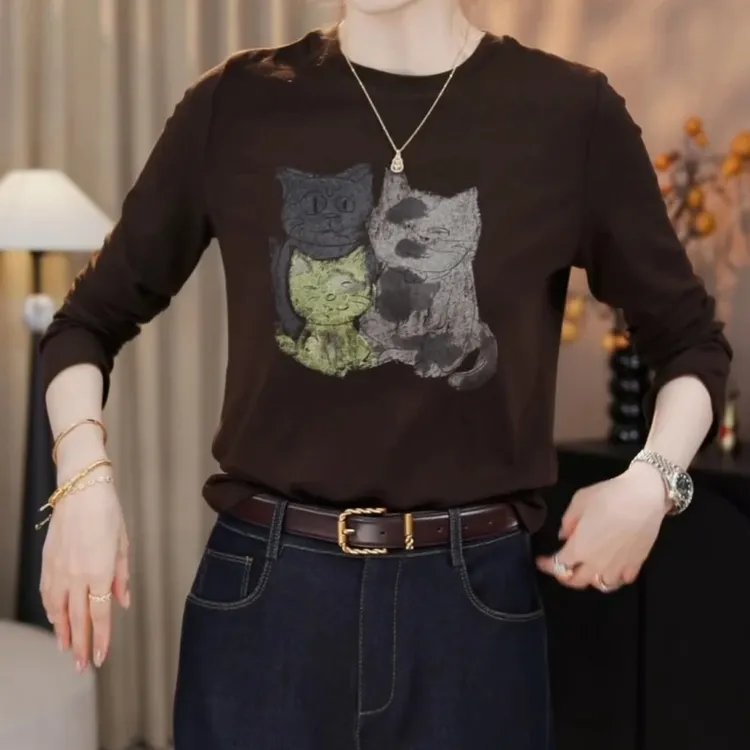 韩系穿搭卡通猫咪印花长袖T恤女春秋季设计感轻熟小众不撞款上衣
