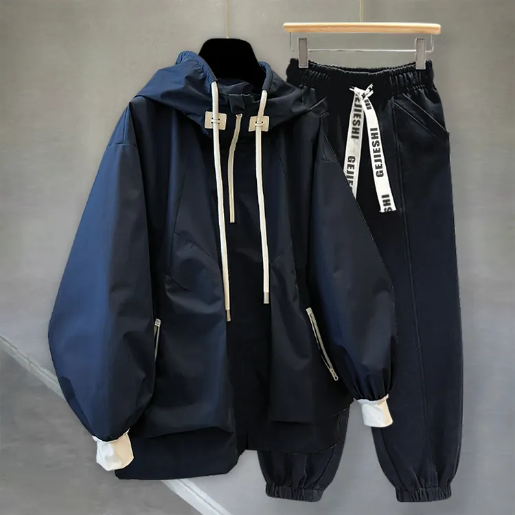 春秋简约潮牌痞帅男卫衣套装宽松百搭男女同款连帽外套配裤子一套