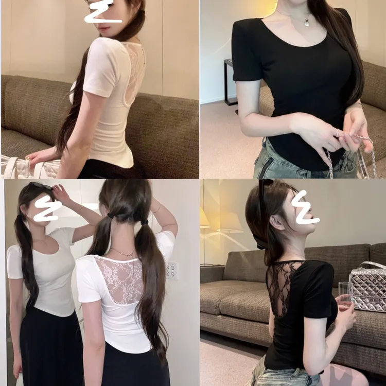 纯欲辣妹风蕾丝夏季短袖后背镂空设计感修身不规则褶皱小众打底衫