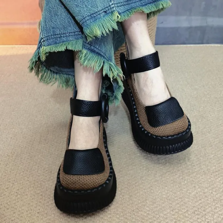 原创手工真皮女鞋2025春款上新厚底魔术贴单鞋女复古松糕底大头鞋